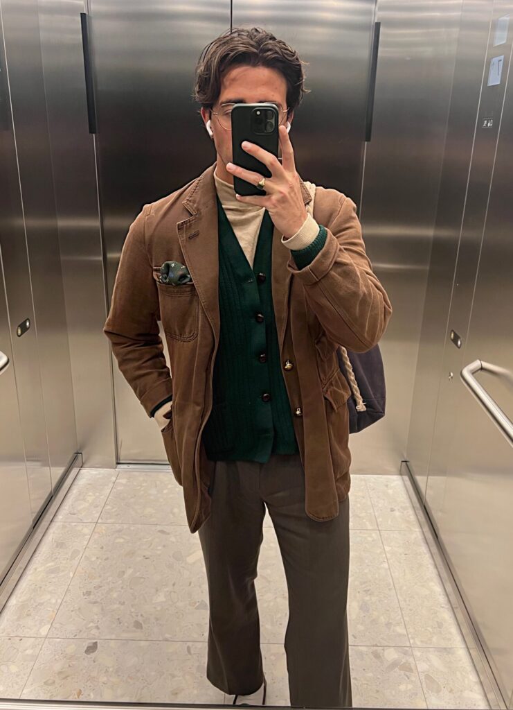 Mock neck jumper, vintage Jaeger cardigan, Drakes chore blazer